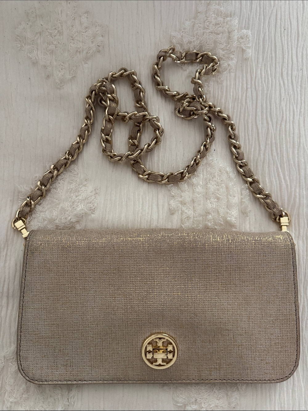 Tory Burch Metallic Gold Canvas Crossbody with Chain Strap